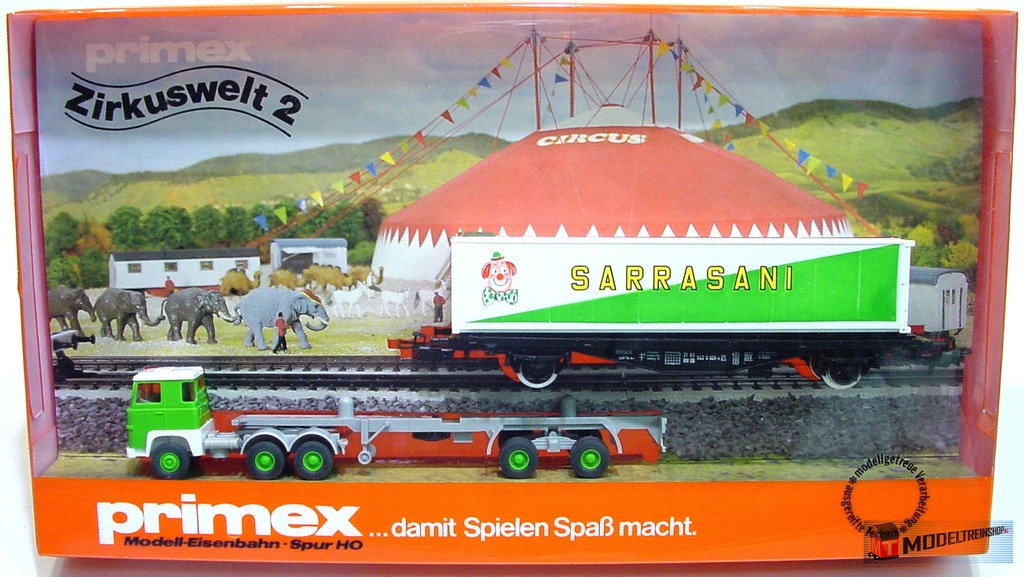 Primex 4585 - Set de camion de transport de wagon conteneur "Cirque Sarrasani" avec wagon - HO