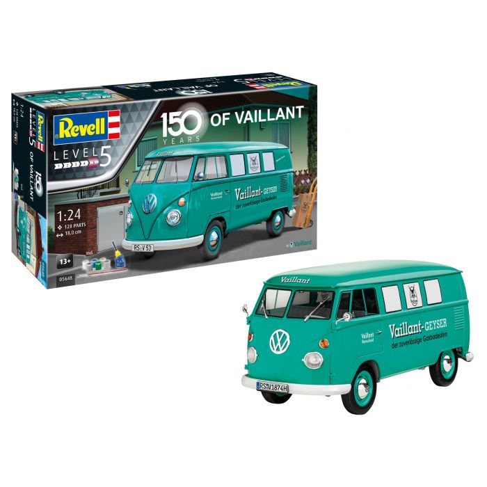 Revell 05648 - Gift Set - 150th Anniversary of Vaillant Bus - 1/24 - 18 cm Long - 128 pièces (y compris colle et peintures) 