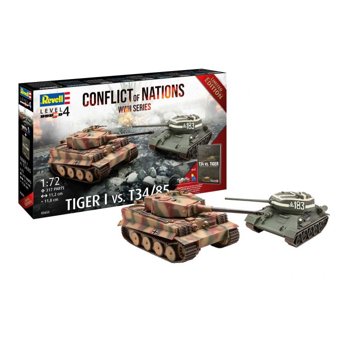 Revell 05655 - Gift Set - Conflict of Nations WWII Séries - Tiger I vs. T34/85 - 1/72 - 11.2 et 11.8 cm Long - 317 pièces (y compris colle et peintures et un livre de 80 pages d'histoire et images en Allemand et Anglais)  - Edition Limitée