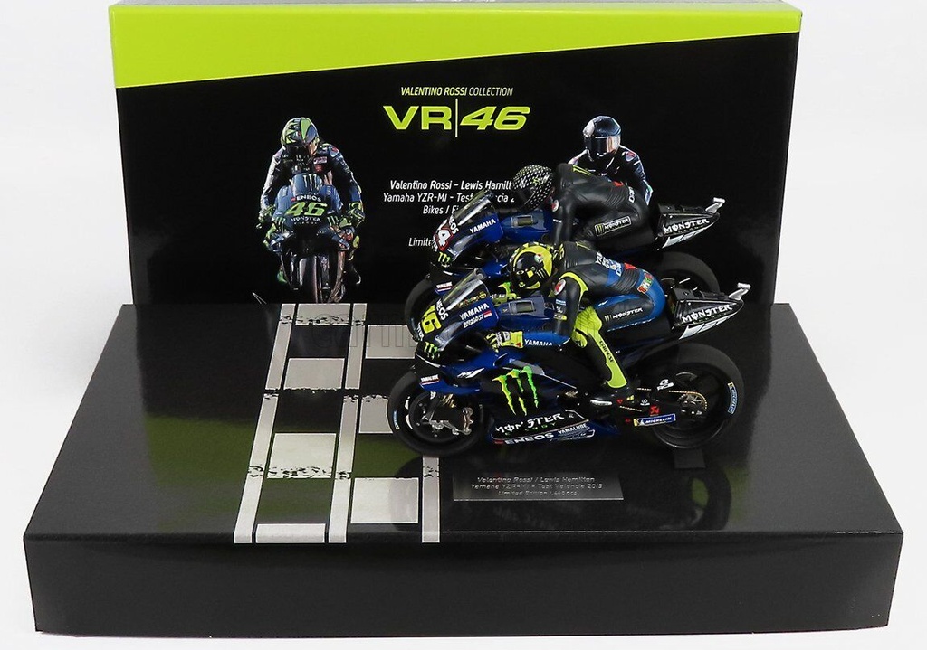 Minichamps - Yamaha YZR-M1 - Set de 2 Motos et 2 Figurines - Valentino Rossi et Lewis Hamilton Test Valencia 2019 - 1/12