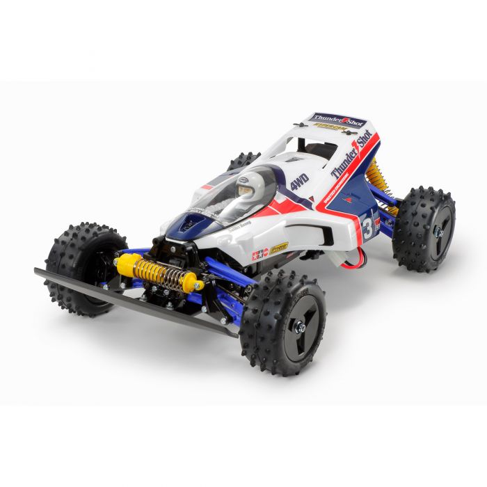 Tamiya 58706 - Voiture radiocommandée "Thunder Shot" - 4 WD High Performance - Carrroserie polycarbonate prédécoupée et prépeinte en blanc et en bleu - À construire - Sans radio-commande/accu/chargeur - 1/10