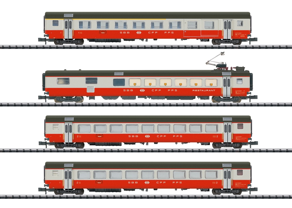 Minitrix 18720 - Coffret de voitures de grandes lignes « Swiss Express » - 1ère et 2ème classe et voiture restaurant - avec lumière - SBB-CFF-FFS - N