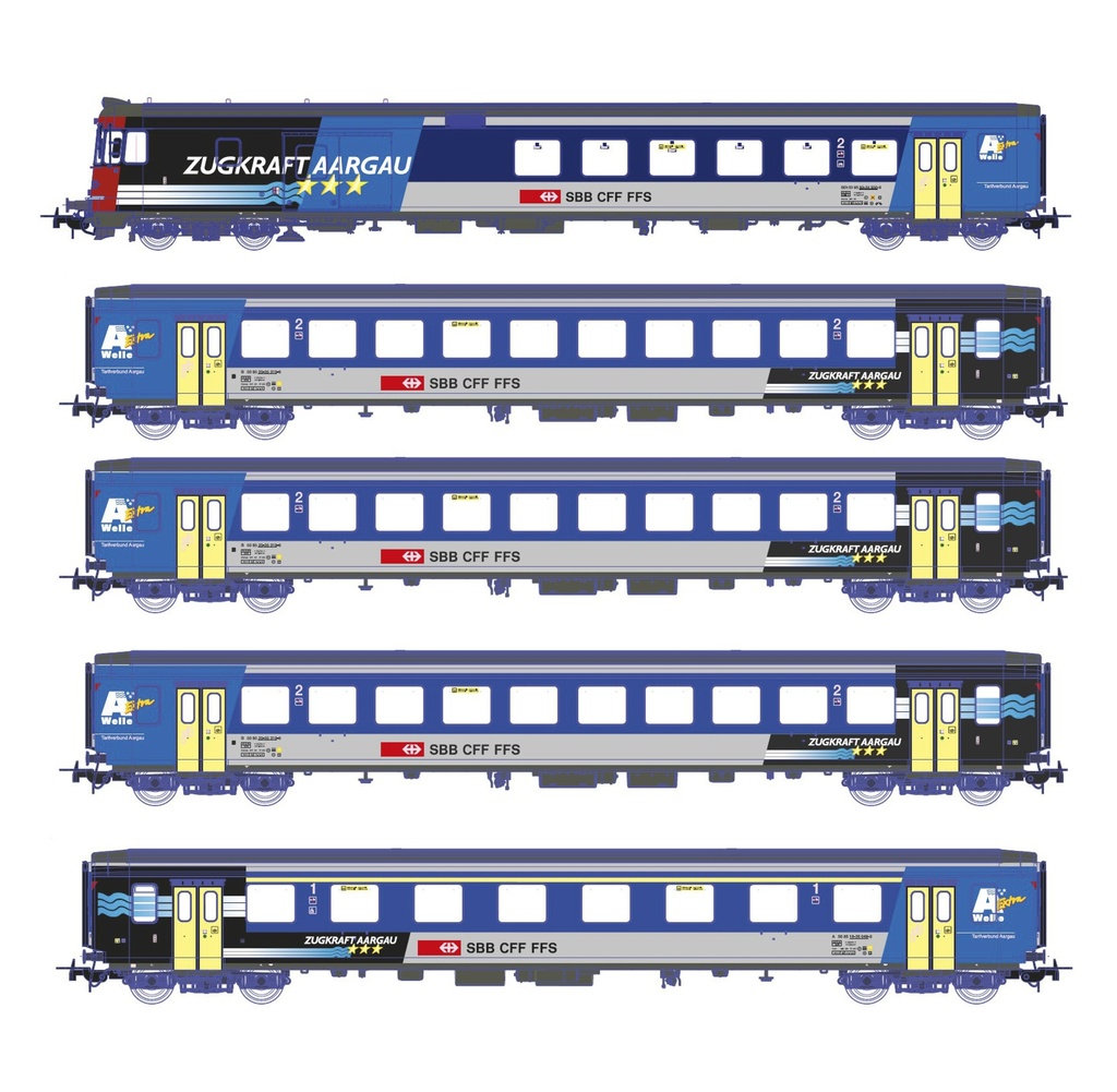 Piko 96619 - Coffret de 5 voitures RE "Zugkraft" Aargau - 1 voiture pilote et 1ère et 2ème Classe avec éclairage intérieur - SBB-CFF - AC- HO