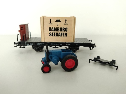 [MAR-46843] Märklin 46843 - Wagon plat transport véhicule avec tracteur et caisse transport - HO